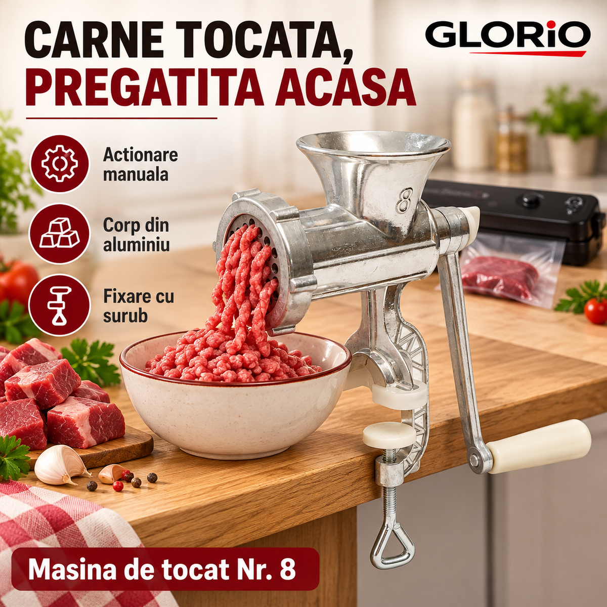 Gustul de acasă, pregătit de tine – Pachet mașină de tocat Nr. 8 + aparat de vidat Glorio
