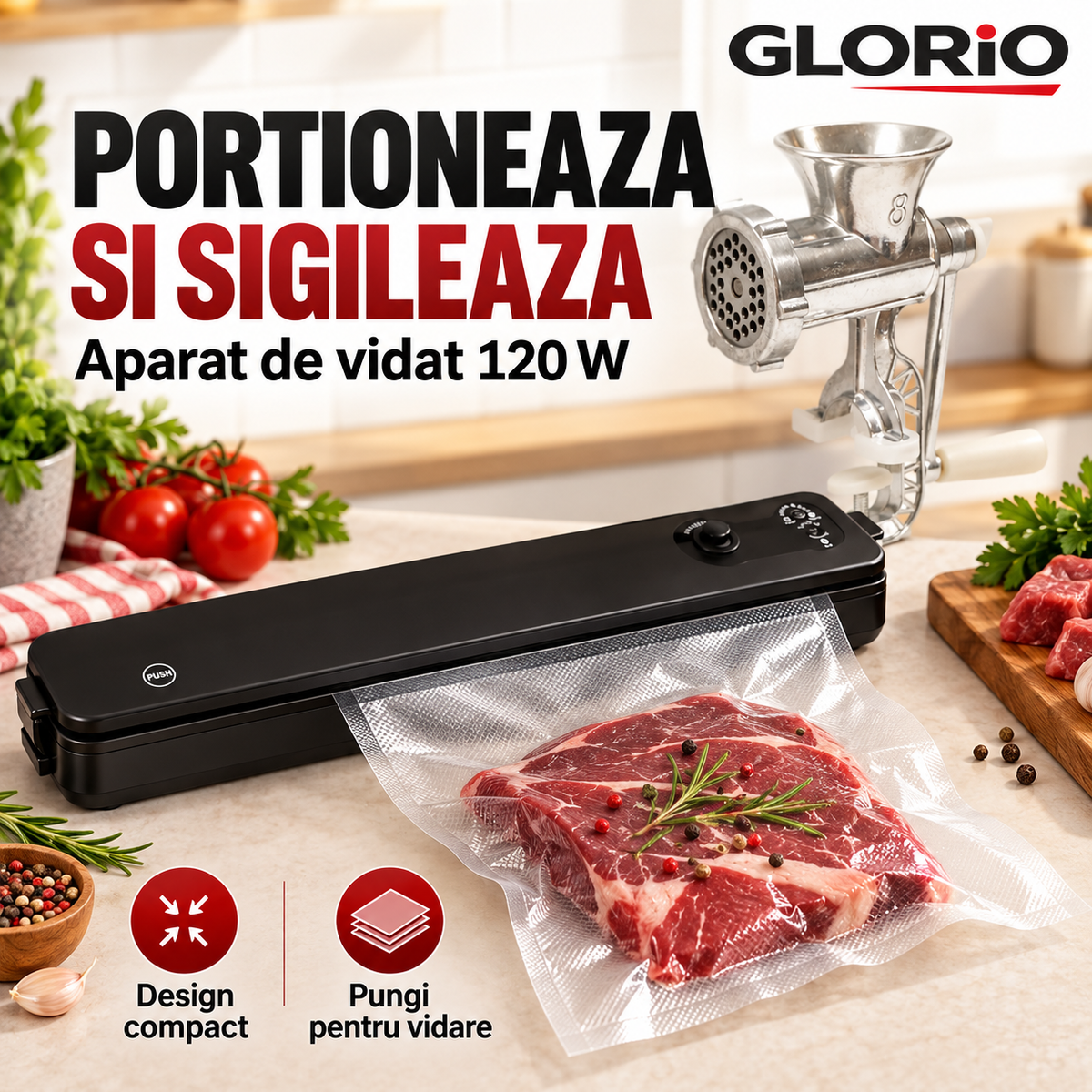 Gustul de acasă, pregătit de tine – Pachet mașină de tocat Nr. 8 + aparat de vidat Glorio