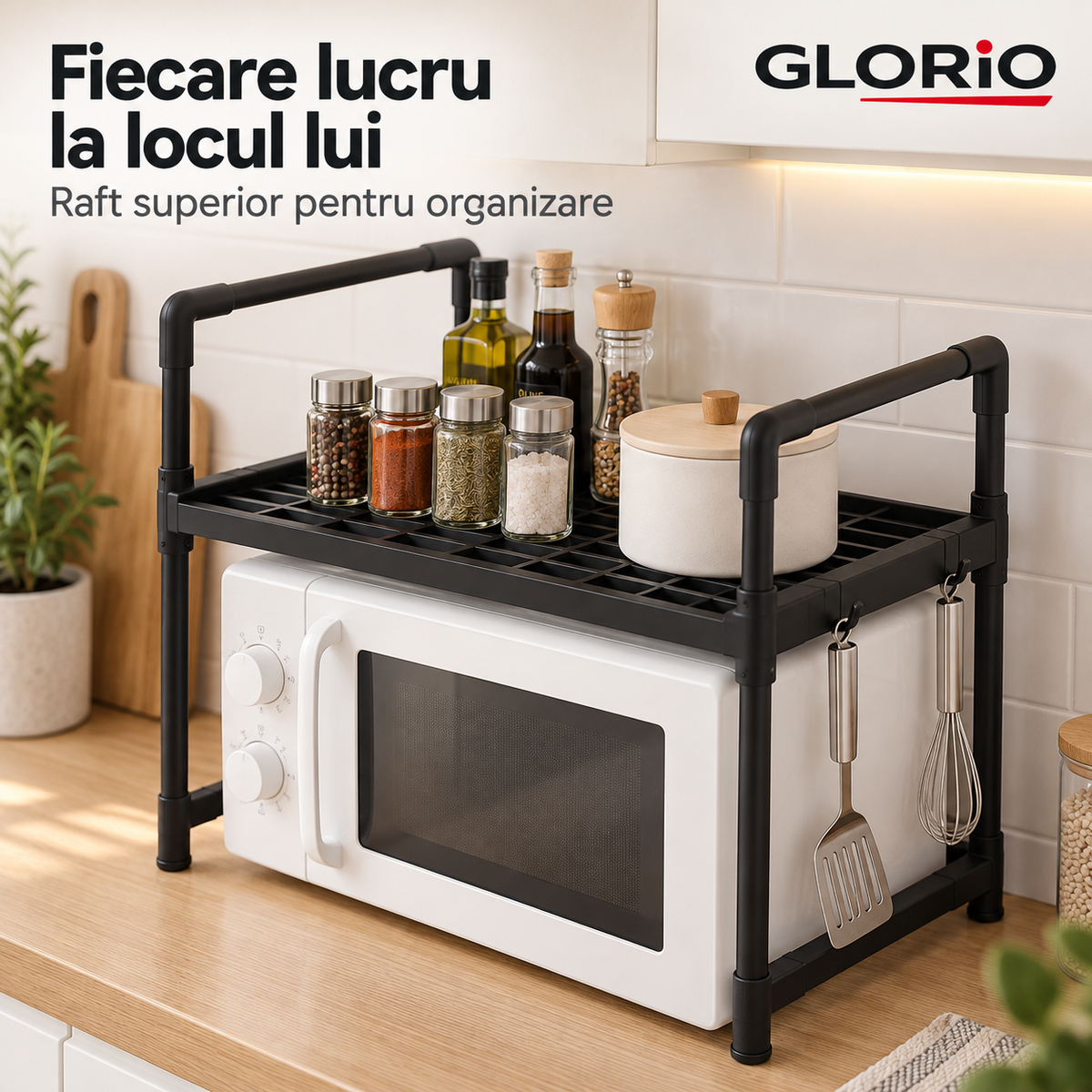 Redescopera bucuria unei bucatarii ordonate - Suport cuptor microunde cu raft, 57,5 x 26 x 31 cm Glorio