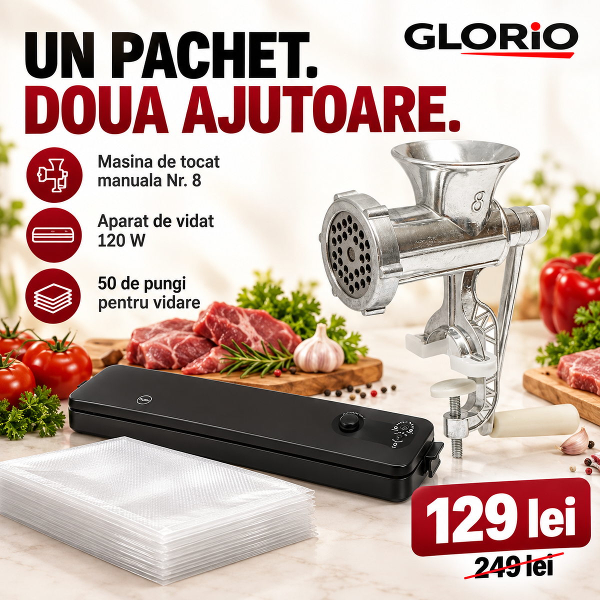 Gustul de acasă, pregătit de tine – Pachet mașină de tocat Nr. 8 + aparat de vidat Glorio