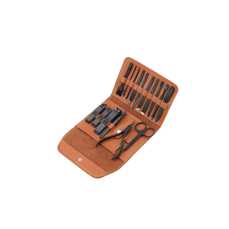 Trusă de manichiură/pedichiură ProNail® 16 piese, geantă pentru depozitare, Negru mat, Oțel inoxidabil