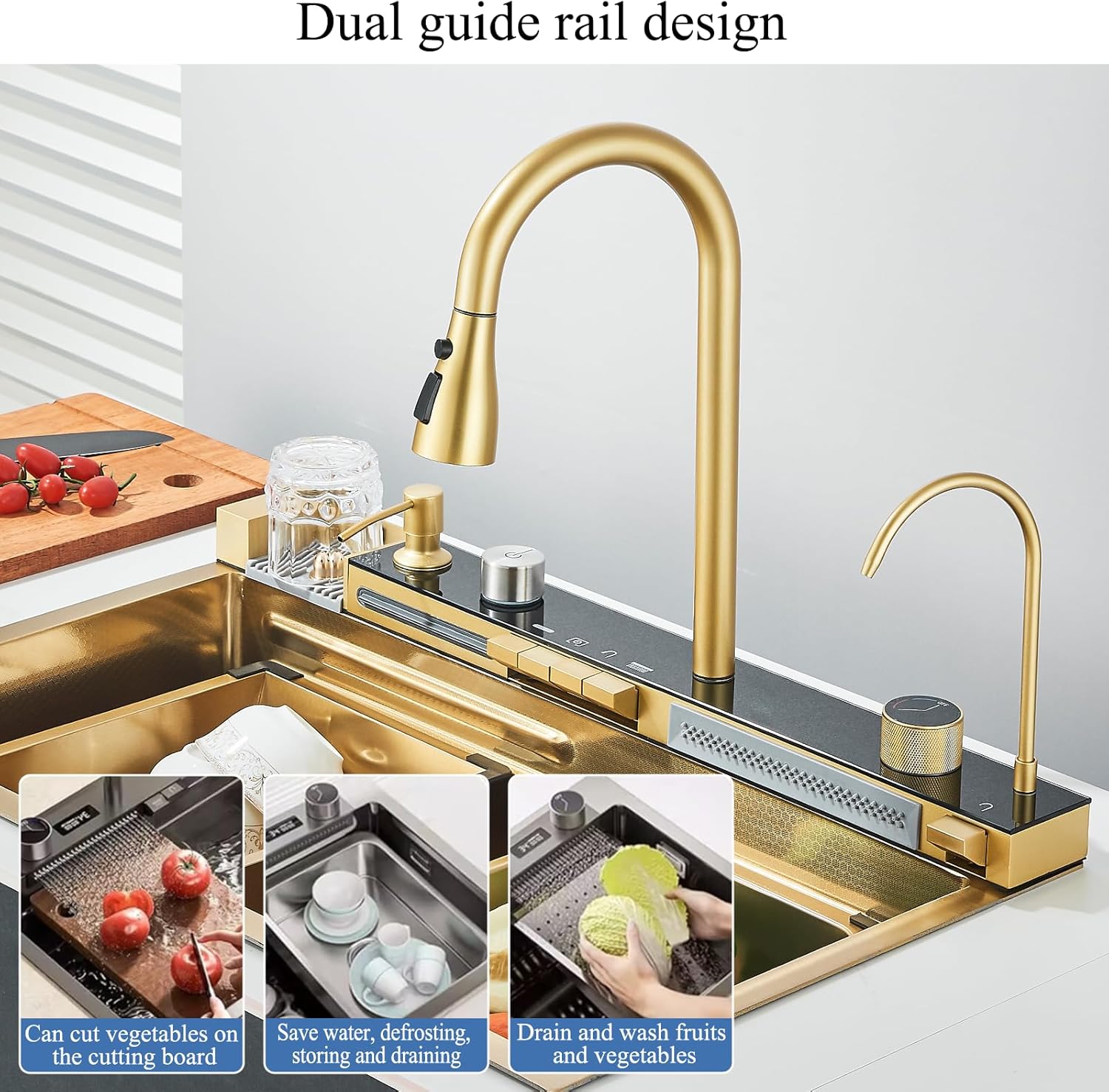 Chiuveta Bucatarie Multifunctionala cu LED, Inox, Auriu Glorio