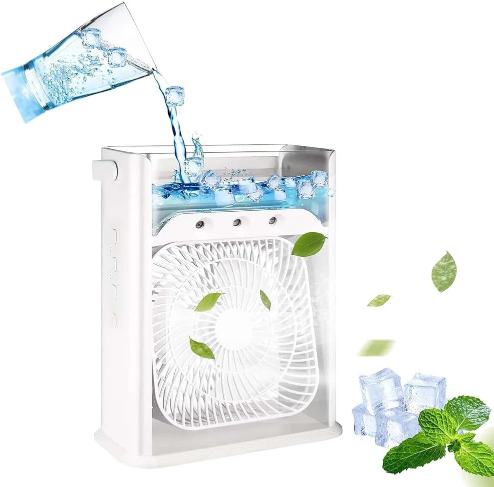 Ventilator portabil 3 in 1 cu pulverizare: racorire, umidificare si iluminare Glorio