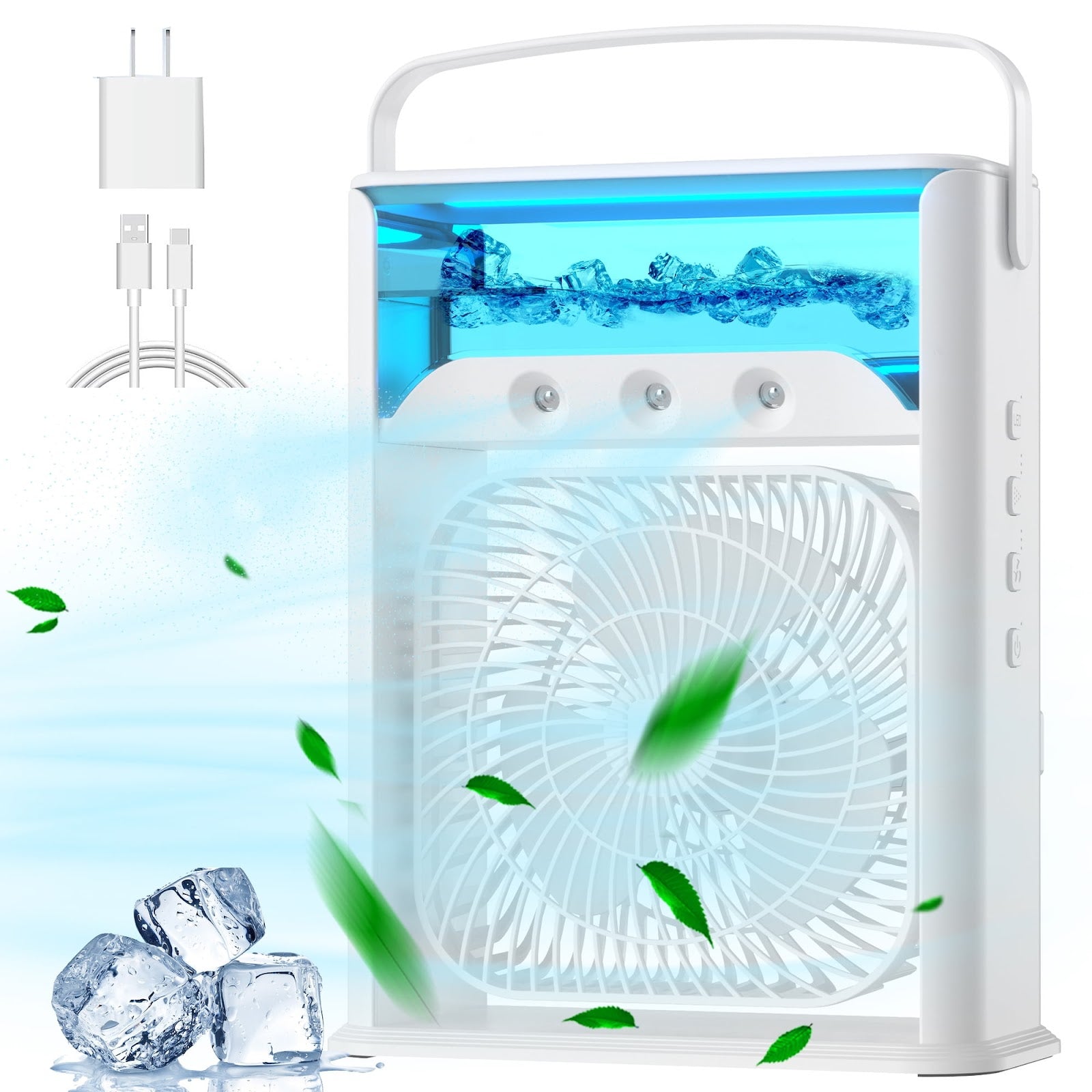 Ventilator portabil 3 in 1 cu pulverizare: racorire, umidificare si iluminare Glorio