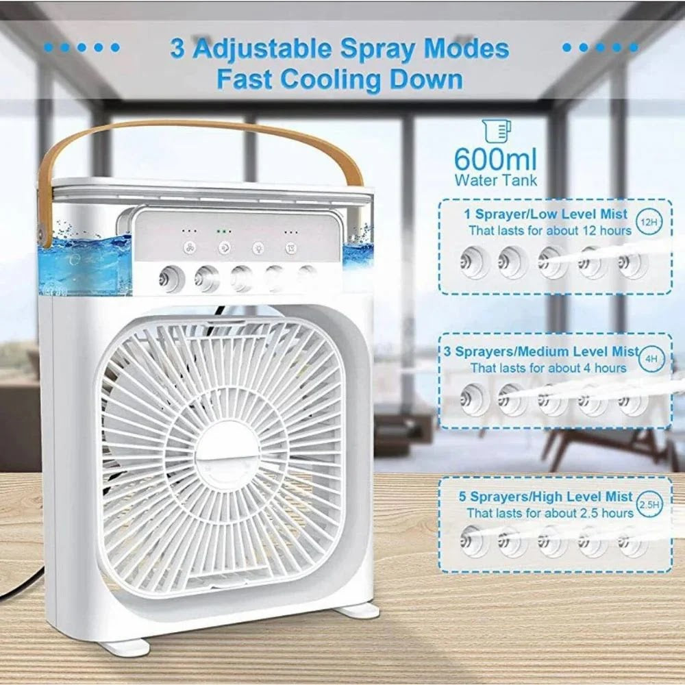 Ventilator portabil 3 in 1 cu pulverizare: racorire, umidificare si iluminare Glorio