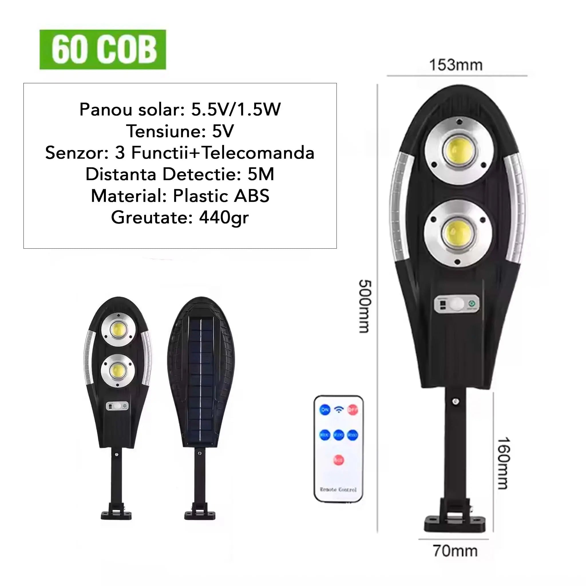 Pachet 4x Lampa Solara Jortan 2 Celule 60COB LED Circular IP67 Senzor de Miscare Glorio