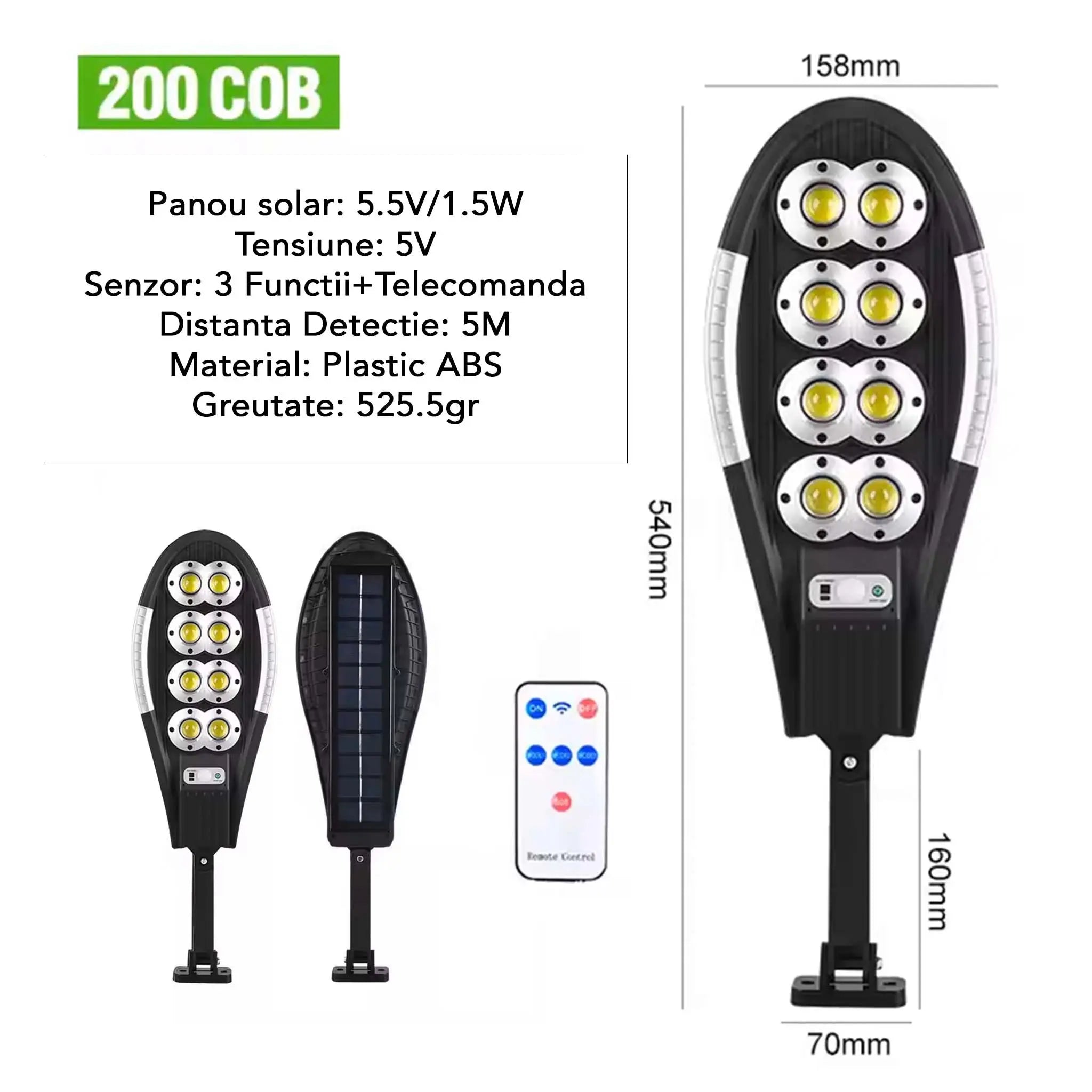 Lampa Solara Jortan 8 Celule 200COB LED Circular IP67 Senzor de Miscare Glorio