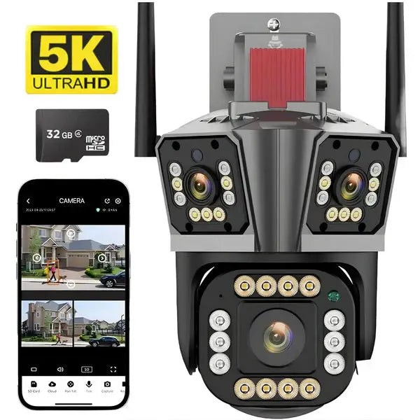 Camera de Supraveghere Tripla Wifi, Ultra Hd 5x Zoom, Rotire, Leduri +card 32 GB cadou Glorio