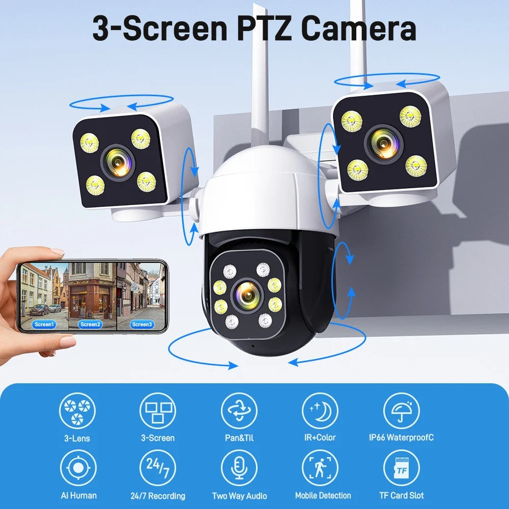 Camera de Supraveghere WIFI 5K, 12MP, 3 lentile, 3 ecrane, Control din telefon, Urmarire subiect, Microfon si difuzor incorporate Glorio