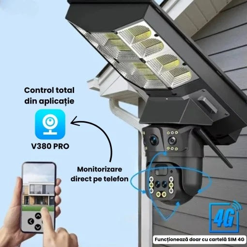 Lampa Solara cu Camera de Supraveghere SIM 4G, Aplicatie Mobila V380, 1920x2160, Microfon + Difuzor incorporat Glorio