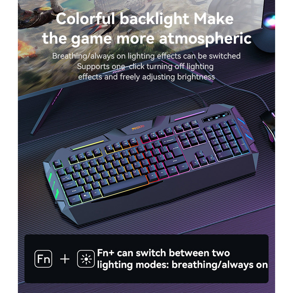 Yesido - Wireless Keyboard (KB21) - for Gaming, Mechanical, Wired, with RGB Light, 104 Full-key Layout, 1.5m - Black Glorio