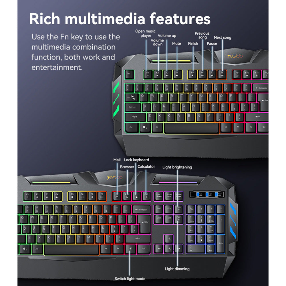 Yesido - Wireless Keyboard (KB21) - for Gaming, Mechanical, Wired, with RGB Light, 104 Full-key Layout, 1.5m - Black Glorio