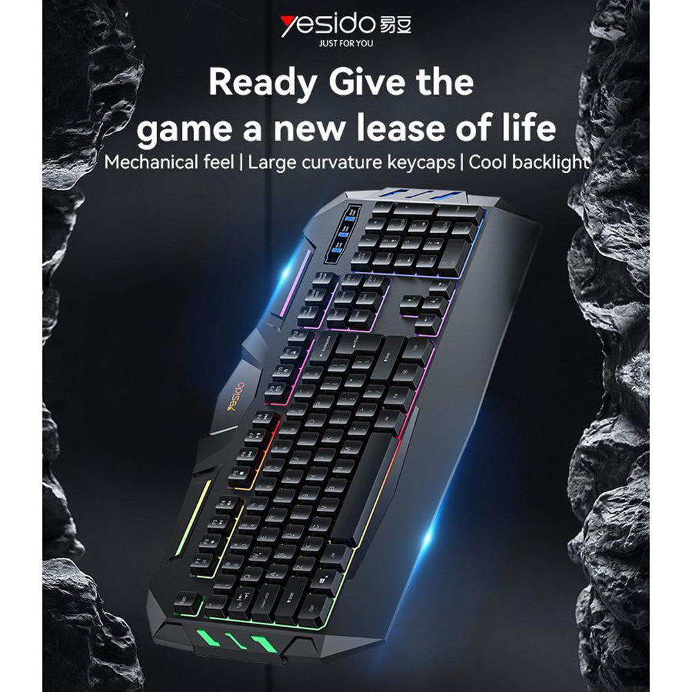 Yesido - Wireless Keyboard (KB21) - for Gaming, Mechanical, Wired, with RGB Light, 104 Full-key Layout, 1.5m - Black Glorio