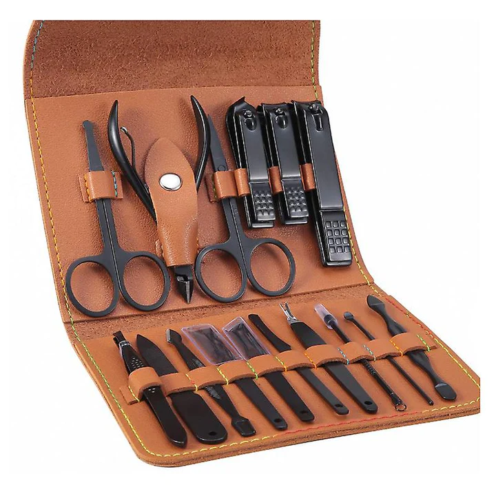 Trusă de manichiură/pedichiură ProNail® 16 piese, geantă pentru depozitare, Negru mat, Oțel inoxidabil