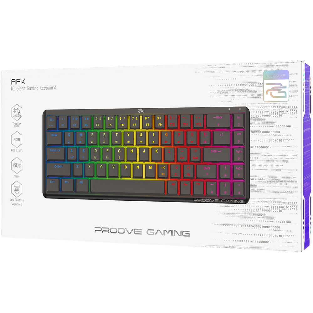 Proove - Wireless Gaming Keyboard AFK (WKAFKEN22001) - 2.4GHz, Bluetooth, RGB Backlighting, 68 Keys, 1500mAh, 1.5m - Black Glorio