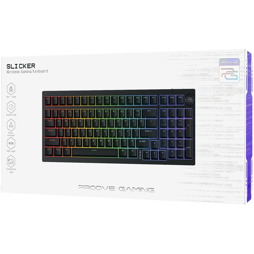 Proove - Wireless Gaming Keyboard Slicker (WKSLEN00022401) - 2.4GHz, Bluetooth 5.2, Type-C, 98 Keys, 4000mAh, 1.8m - Black Glorio