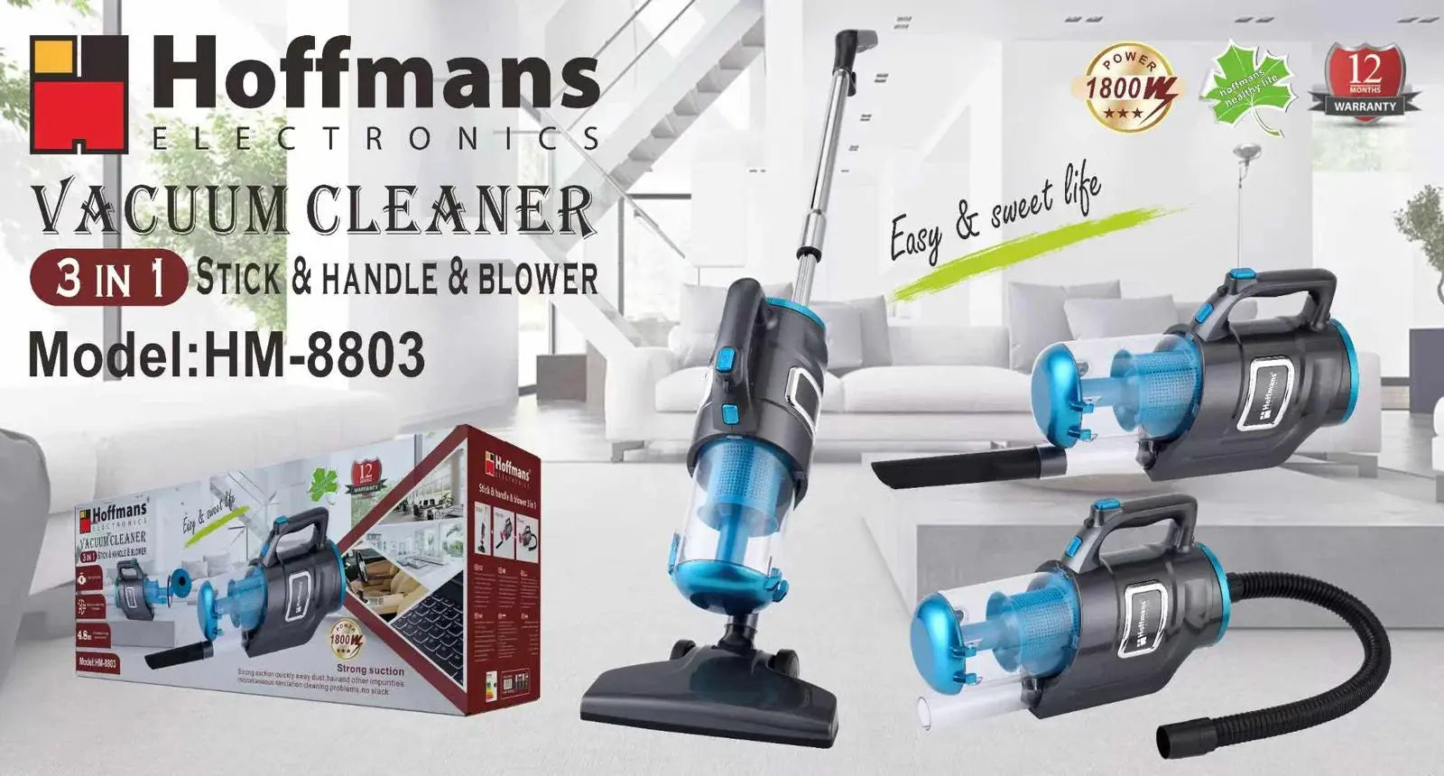 Aspirator 3in1 Hoffmans HM-8803, fără sac, putere 1800W, filtru HEPA Glorio