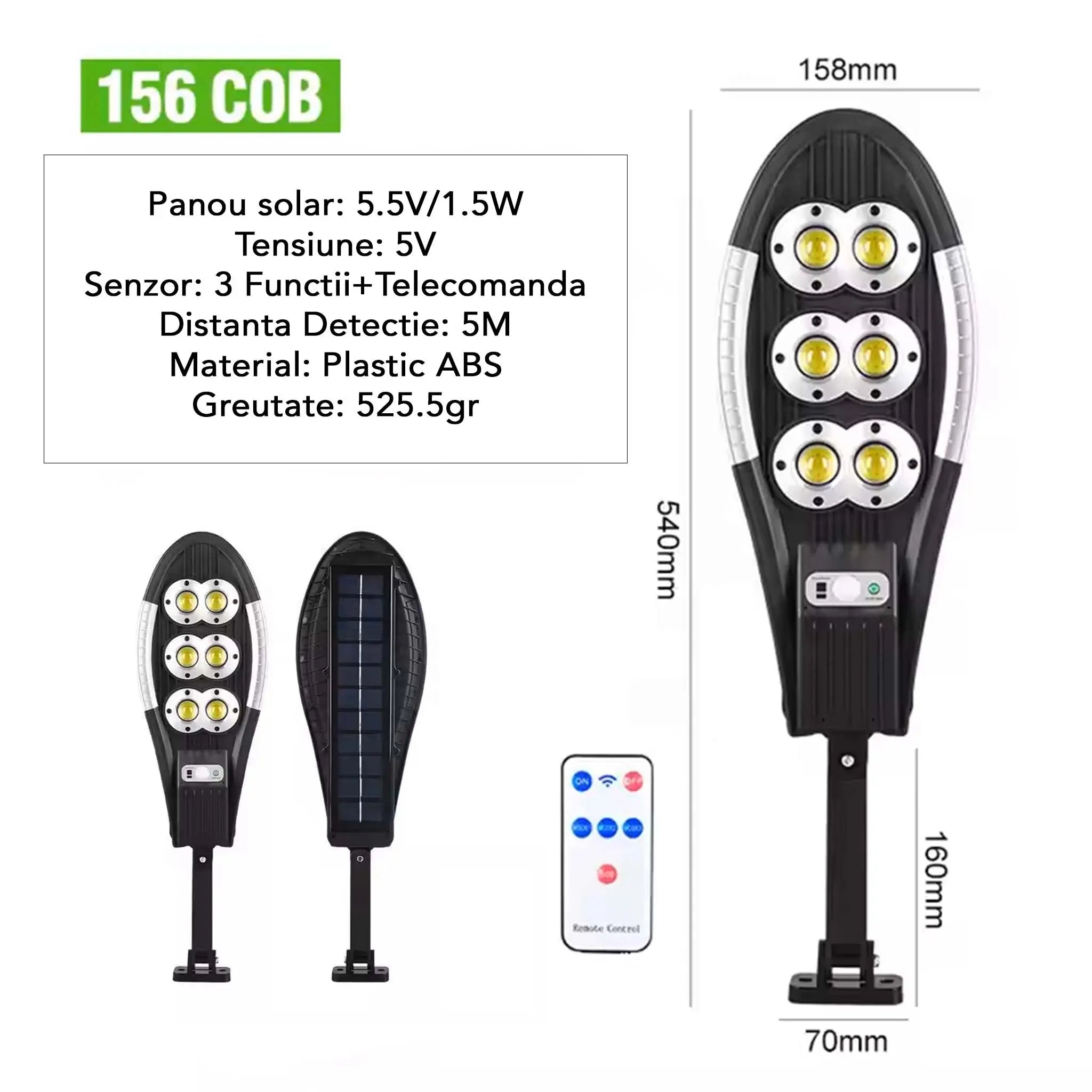 Lampa Solara Jortan 6 Celule 156COB LED Circular IP67 Senzor de Miscare Glorio
