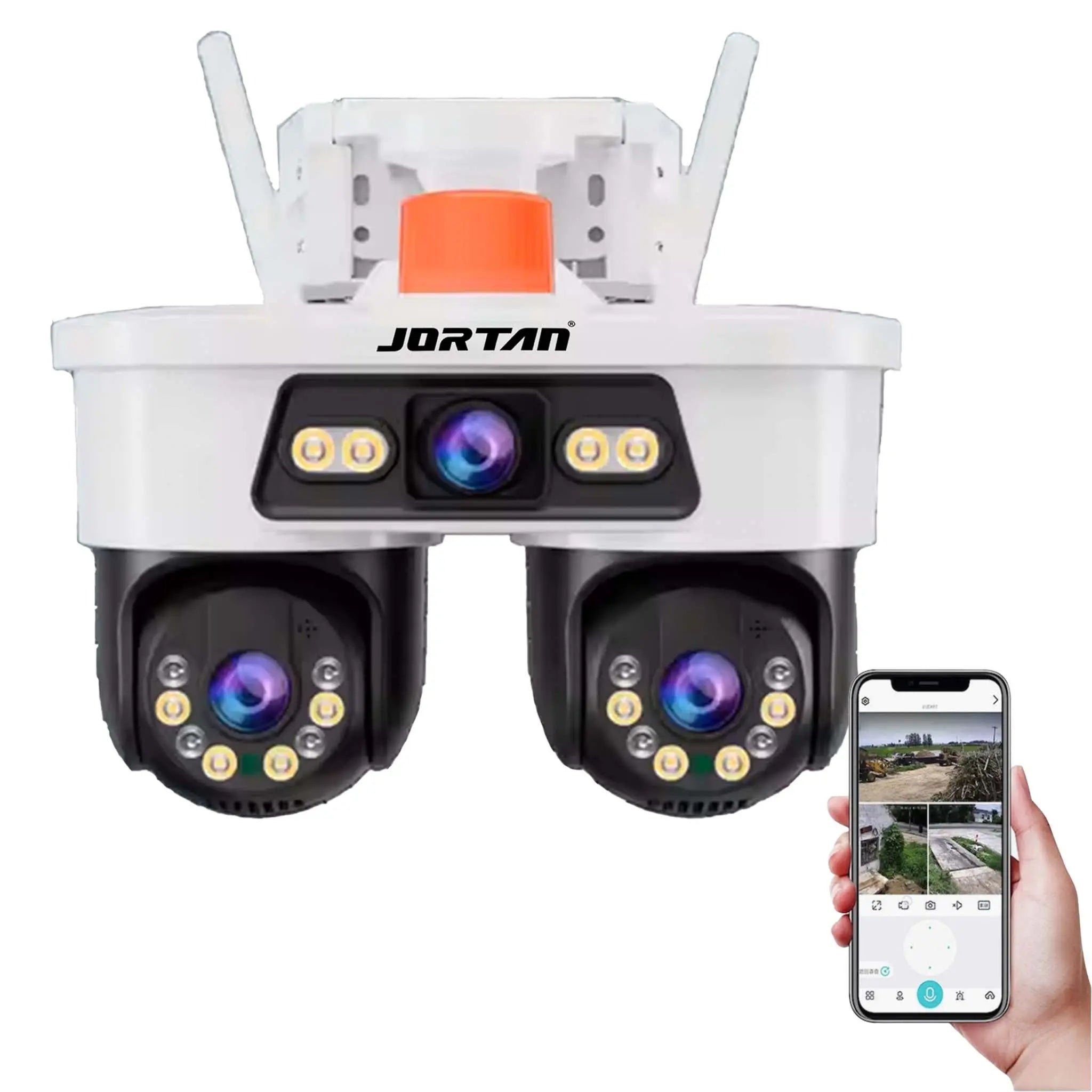 Camera de Supraveghere JORTAN, WiFi, Tripla, 9MP, PTZ 355°, 3 Lentile, IP66, Audio Bidierctional + Card 32GB Glorio.ro