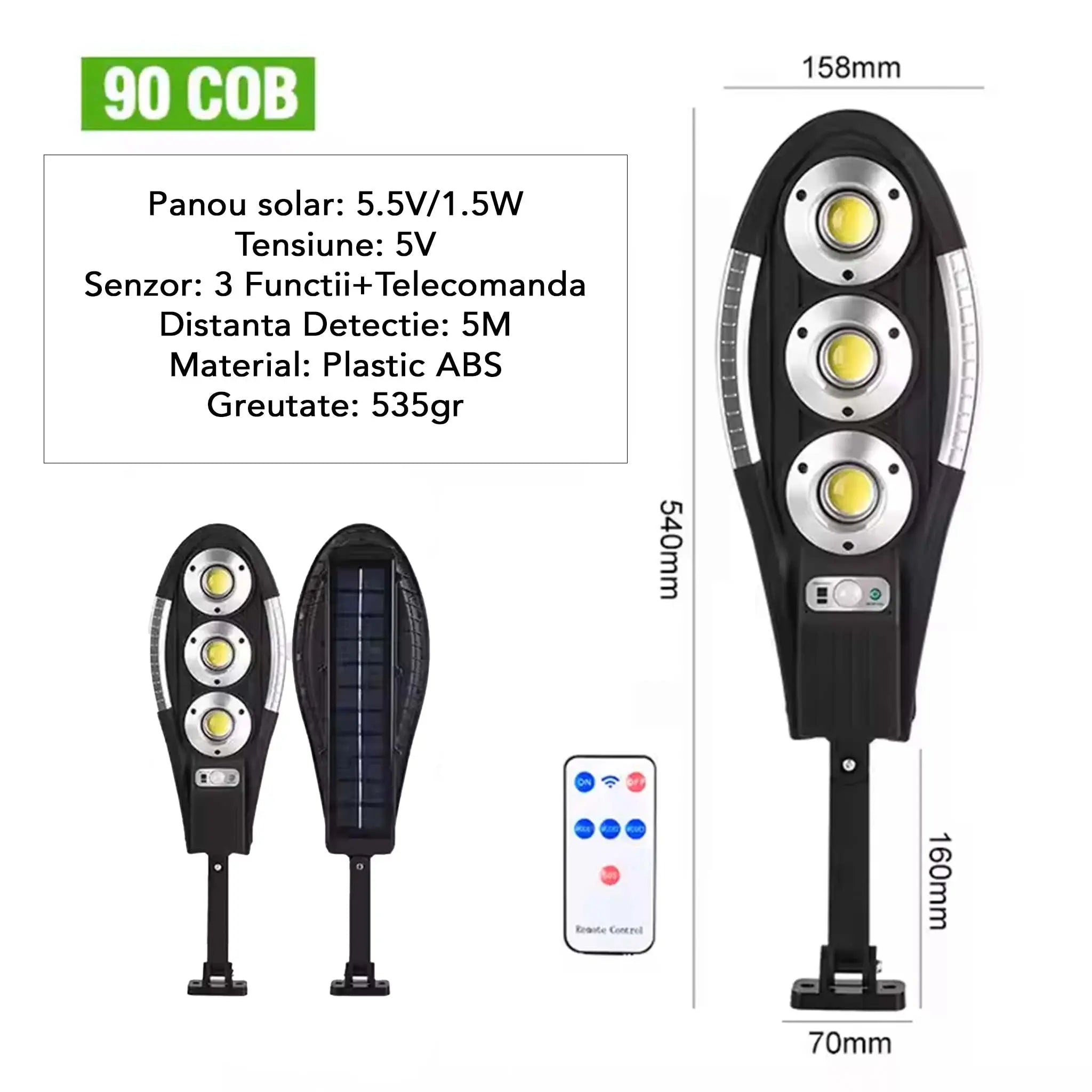 Pachet 4x Lampa Solara Jortan 3 Celule 90COB LED Circular IP67 Senzor de Miscare Glorio