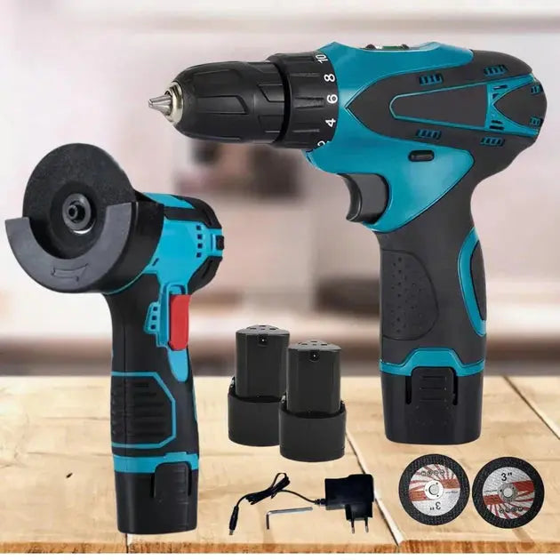 Set Polizor unghiular & Masina de gaurit cu impact 48V cu 2 baterii + 5 discuri cadou Glorio