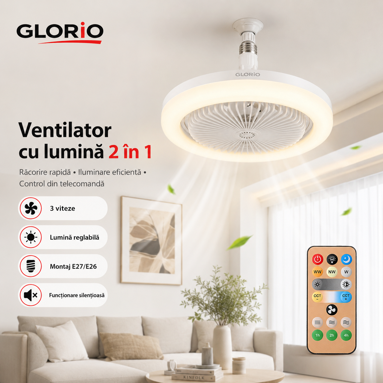 Ventilator cu Lumină 2 în 1 Glorio – Răcoare și iluminare într-un singur produs Glorio