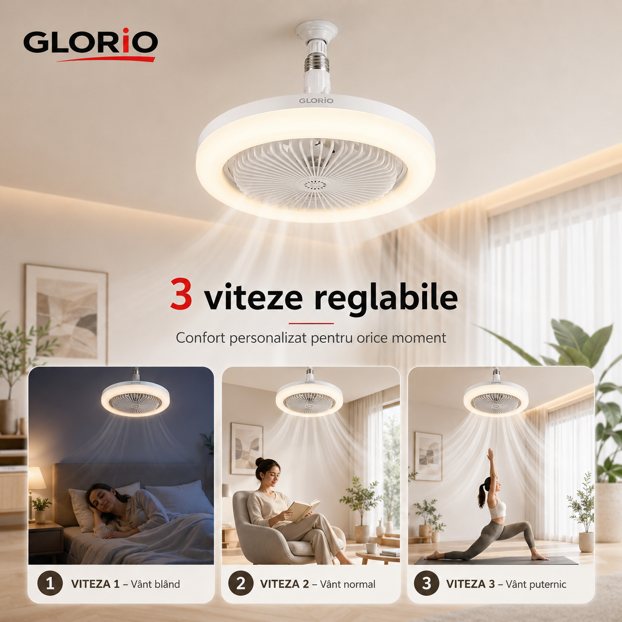 Ventilator cu Lumină 2 în 1 Glorio – Răcoare și iluminare într-un singur produs Glorio