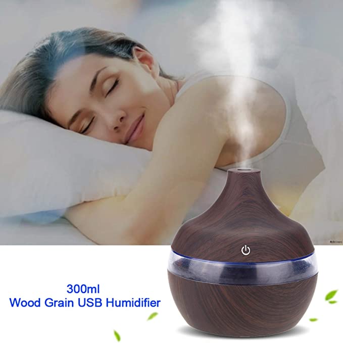 Diffuser de aromaterapie cu ultrasunete și umidificator cu LED, 300 ml, Wenge + 12 uleiuri CADOU
