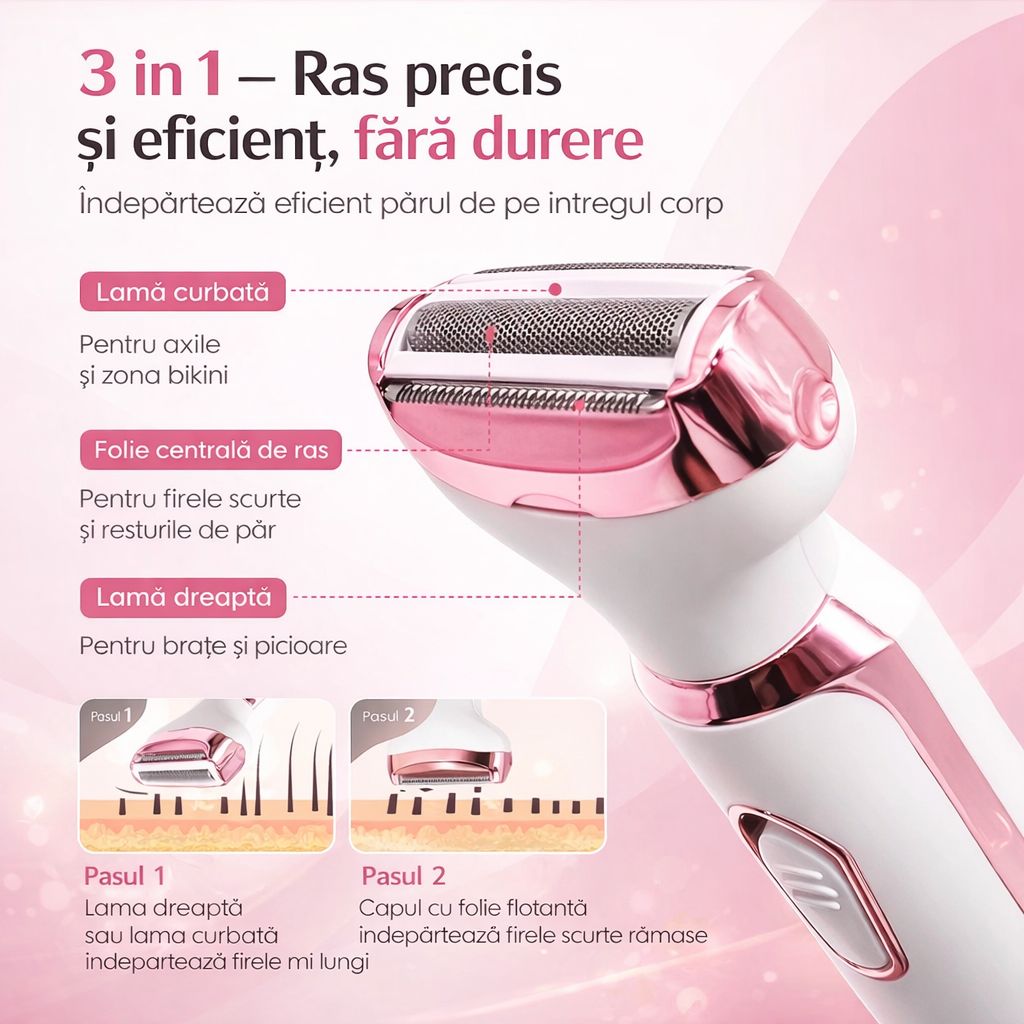 4-în-1 Epilator pentru față și corp: Reîncărcabil prin USB, 4 capete interschimbabile