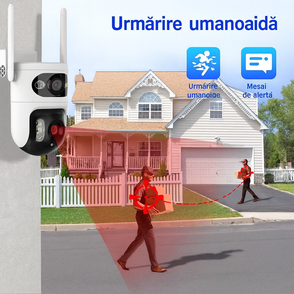 Cameră Wifi Exterior Duală Tuya 6Mp Rezoluție 4K, Audio Bidirectional, Infraroșu Color Glorio