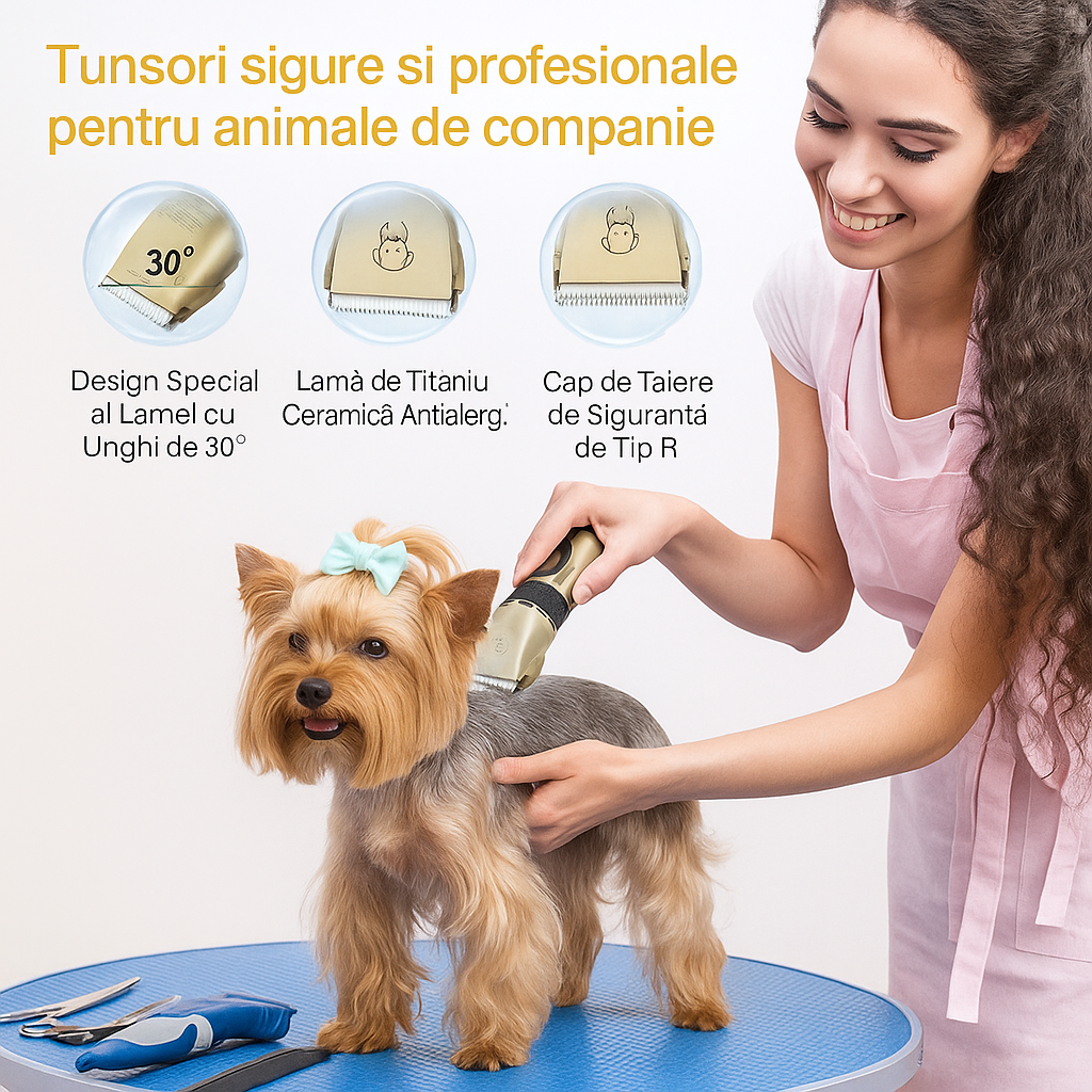 Set Complet Mașină de Tuns Animale, Fără Fir, Silențioasă, 4 Capete Glorio