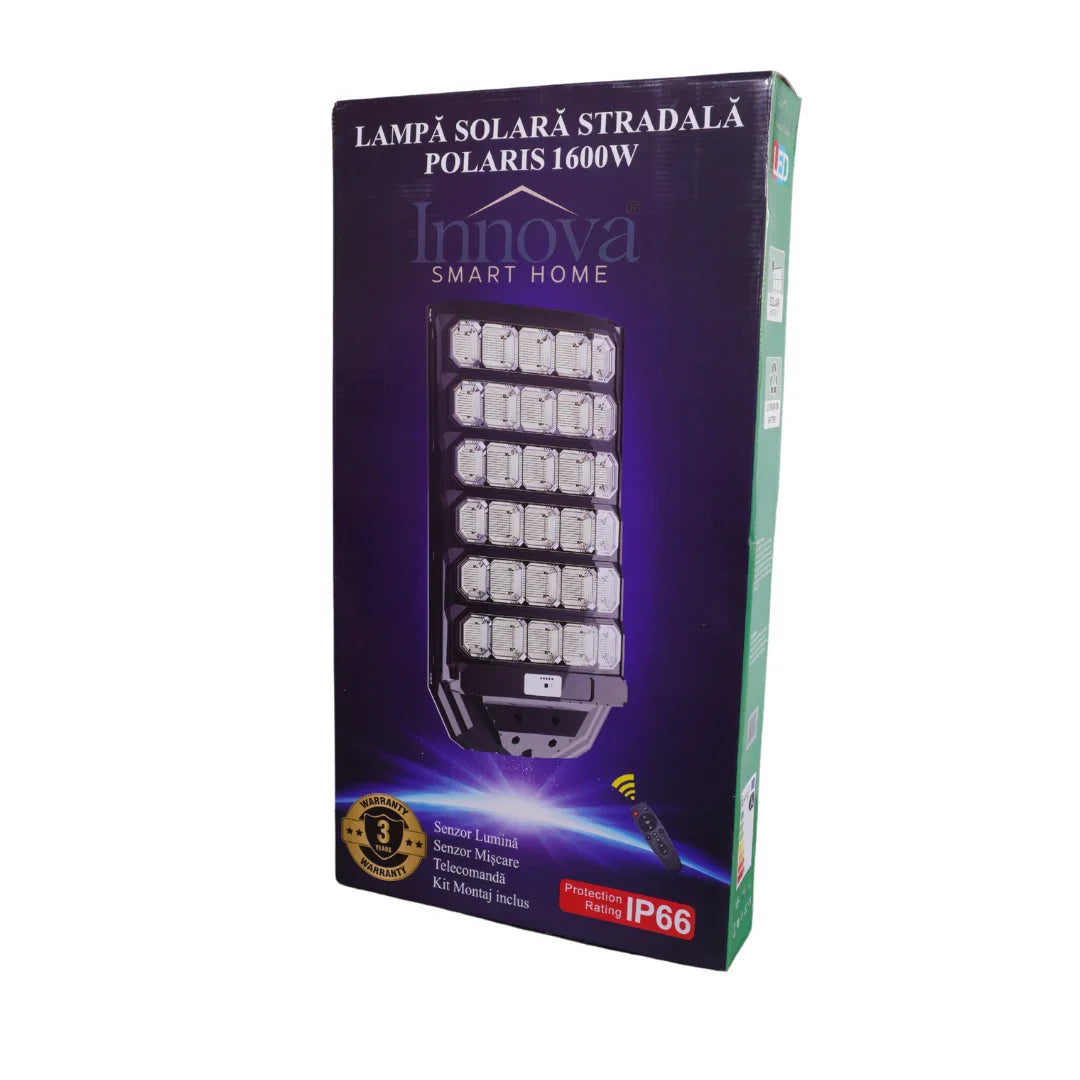 Lampa Solara Uriasa 75x38 cm, Polaris Innova 1600W – LED 120 000 lm, Senzor Lumina/Miscare si Telecomanda, IP66 & Suport Prindere Glorio