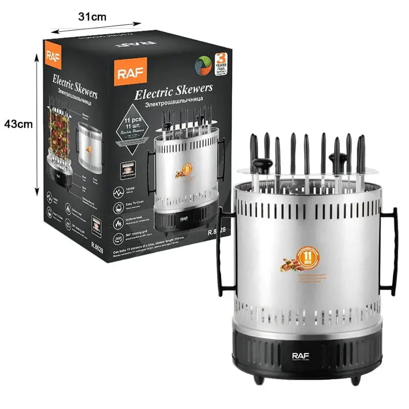 Grătar Electric Vertical RAF R.8628 – 1500W, 11 Frigărui Rotative, Gătit Rapid și Ușor Glorio