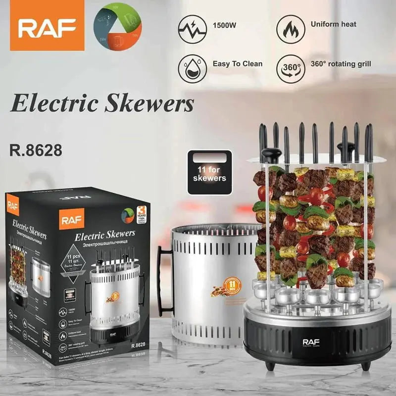 Grătar Electric Vertical RAF R.8628 – 1500W, 11 Frigărui Rotative, Gătit Rapid și Ușor Glorio