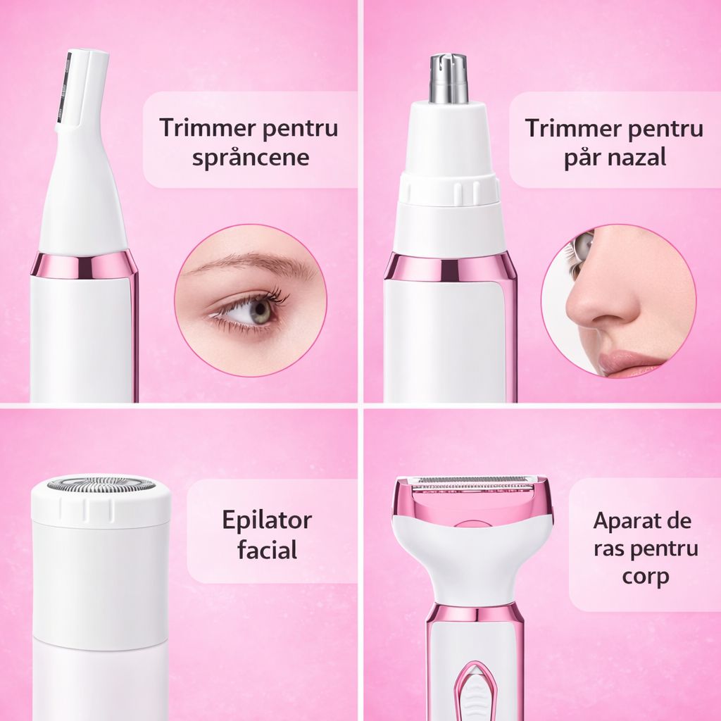 4-în-1 Epilator pentru față și corp: Reîncărcabil prin USB, 4 capete interschimbabile