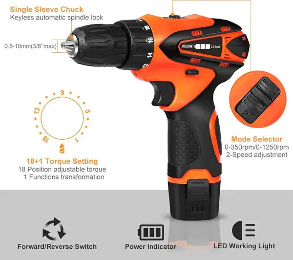 Bormasina Electrica cu 2 Acumulatori, 12V, 25 De Accesorii + Geanta De Transport CADOU Doimeseriasi.ro