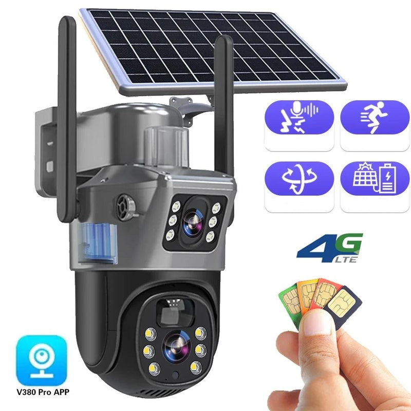 4G SIM Card Dual Lens Ultra HD Surveillance Camera, Solar Panel, 360° Rotation