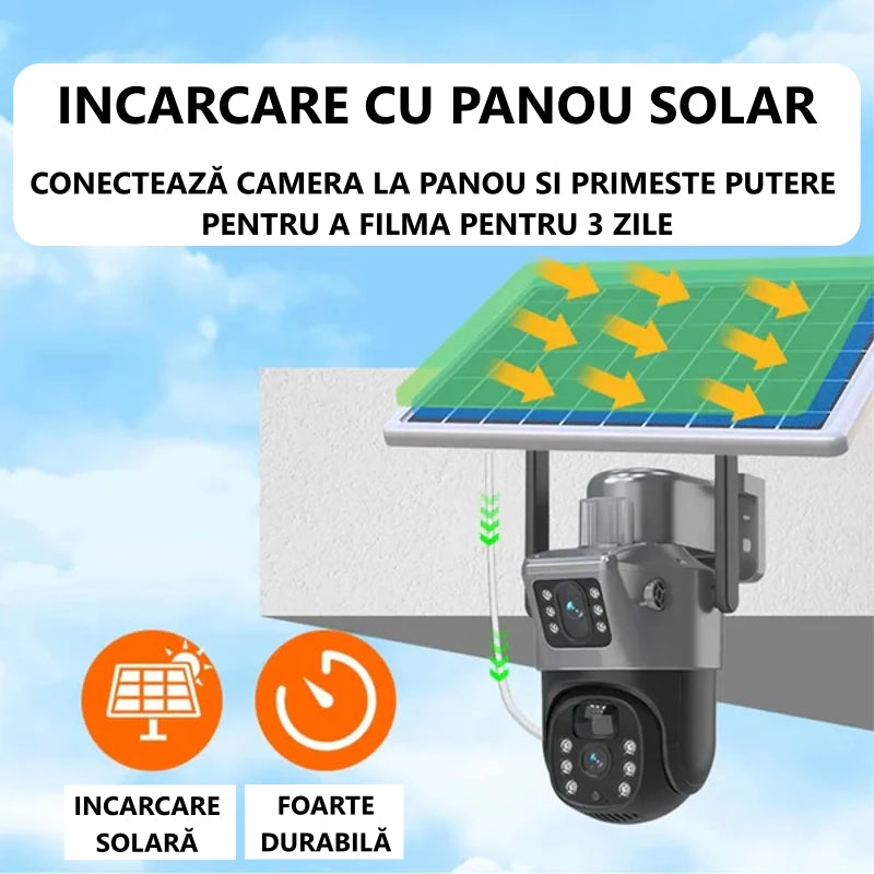 Video Surveillance Camera - 2 Ultra HD Lenses, Wireless (WIFI), Solar Panel, 360° Rotation