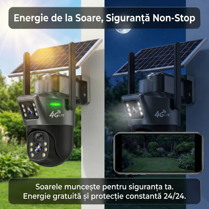 Camera Supraveghere Dual Lens VISURON™ 4K 8MP, 4G SIM / Vedere Nocturnă Color, Urmărire AI, V380 Pro, Negru Glorio