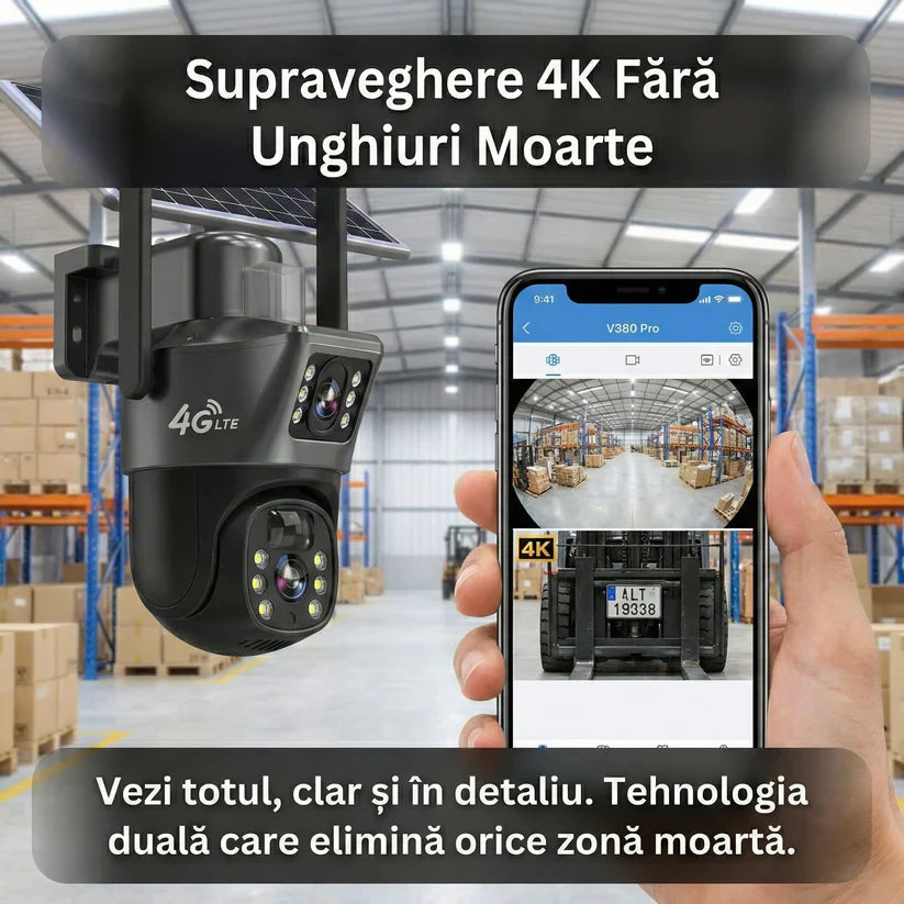 Camera Supraveghere Dual Lens VISURON™ 4K 8MP, 4G SIM / Vedere Nocturnă Color, Urmărire AI, V380 Pro, Negru Glorio