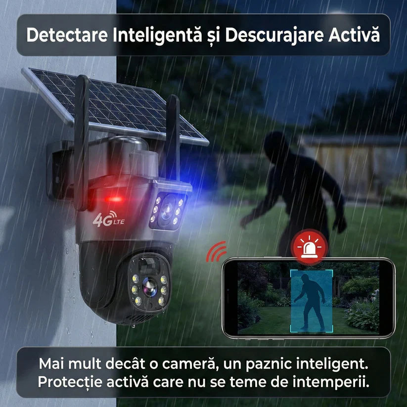 Camera Supraveghere Dual Lens VISURON™ 4K 8MP, 4G SIM / Vedere Nocturnă Color, Urmărire AI, V380 Pro, Negru Glorio