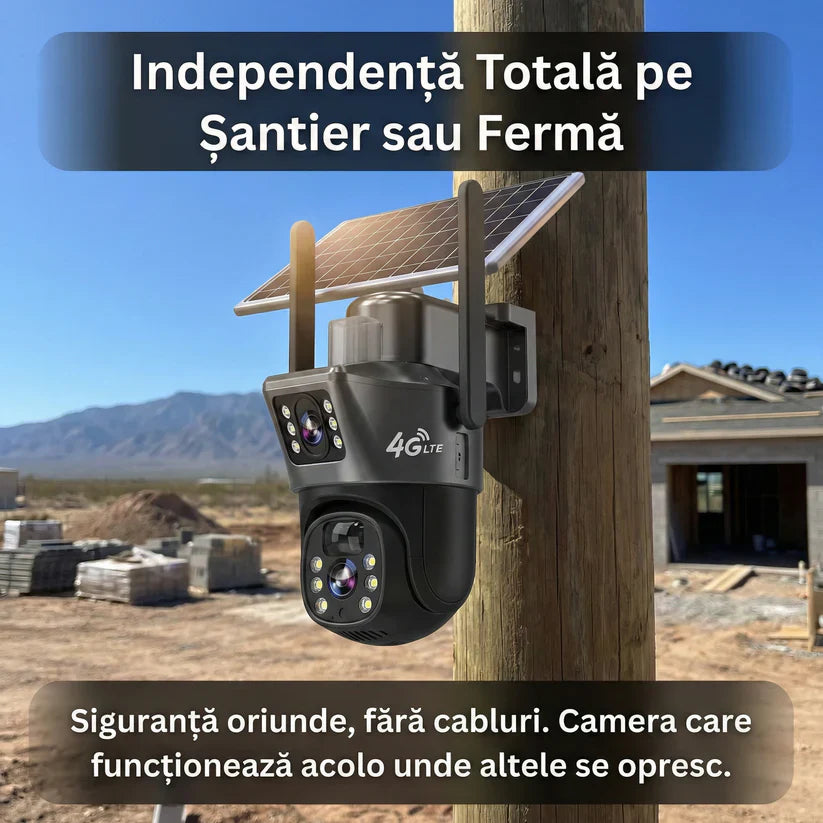 Camera Supraveghere Dual Lens VISURON™ 4K 8MP, 4G SIM / Vedere Nocturnă Color, Urmărire AI, V380 Pro, Negru Glorio