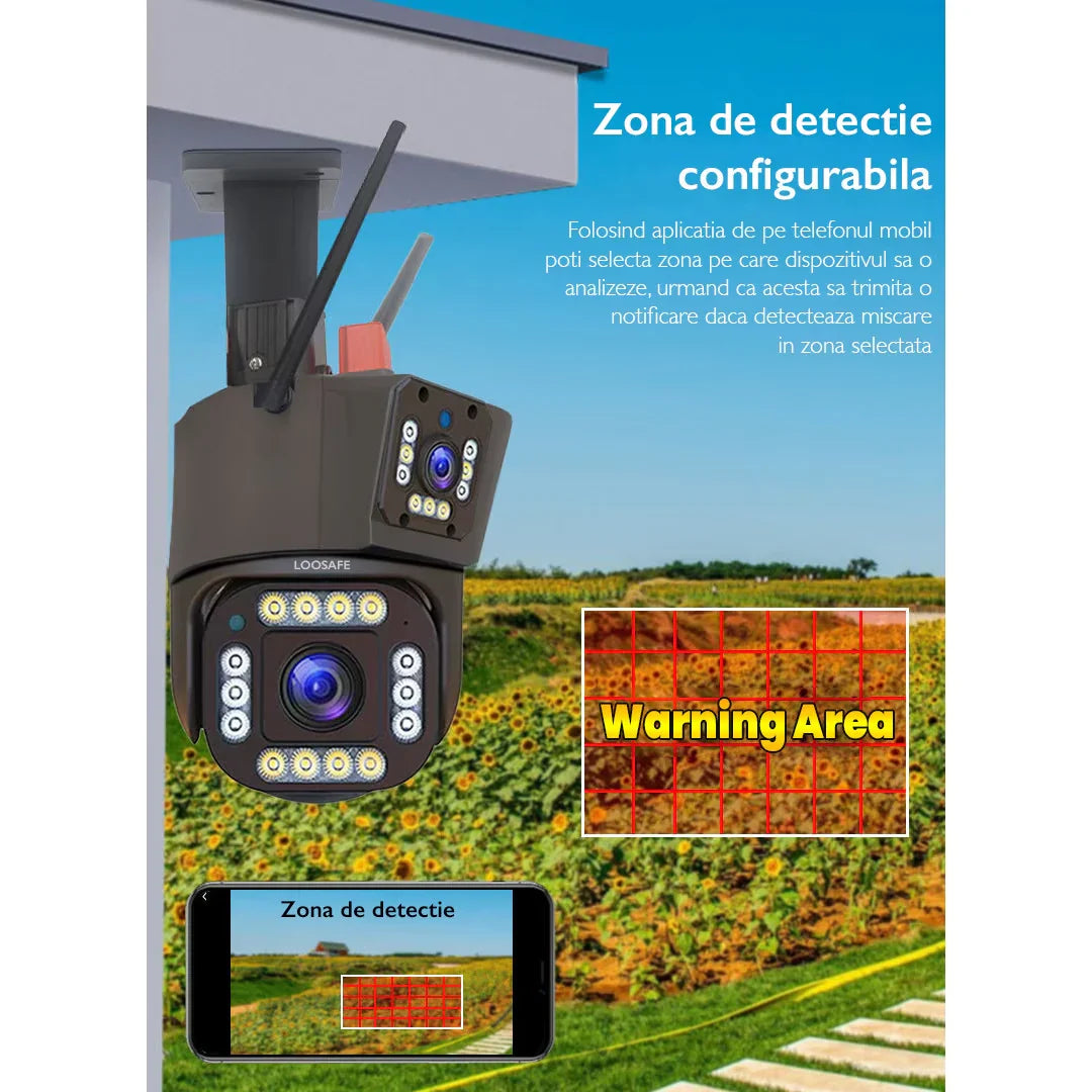 Triple Surveillance Camera - WIFI or 4G SIM Card, 8MP, Ultra HD, 10X Zoom, Rotation, Alarm, Motion Sensor