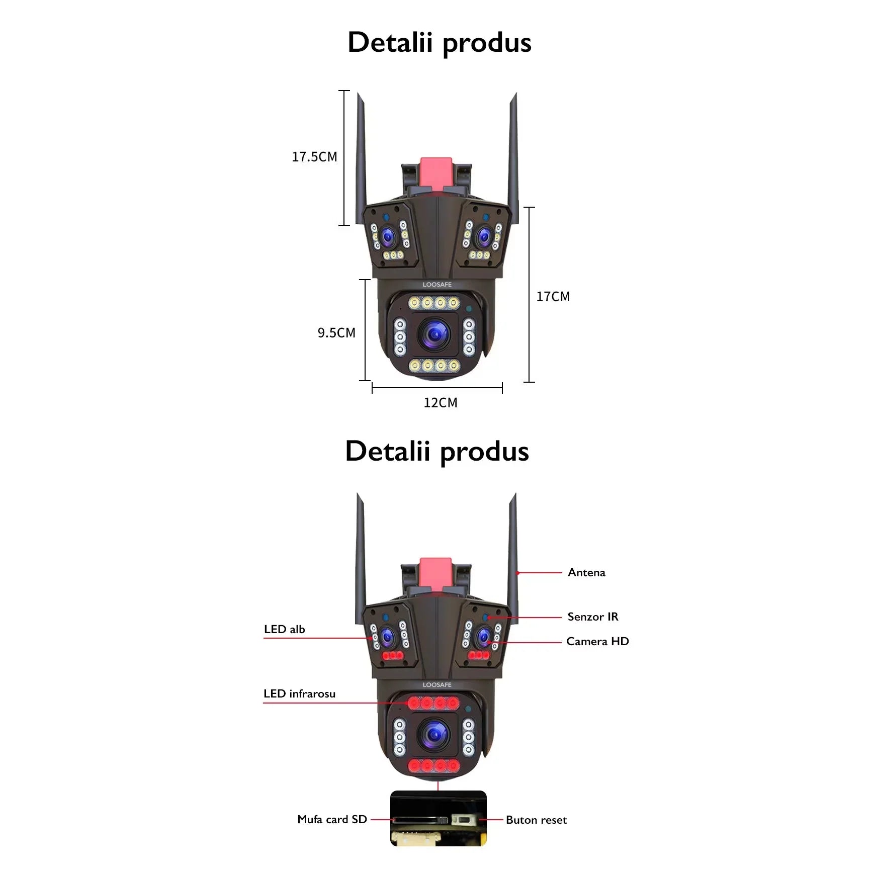 Triple Surveillance Camera - WIFI or 4G SIM Card, 8MP, Ultra HD, 10X Zoom, Rotation, Alarm, Motion Sensor