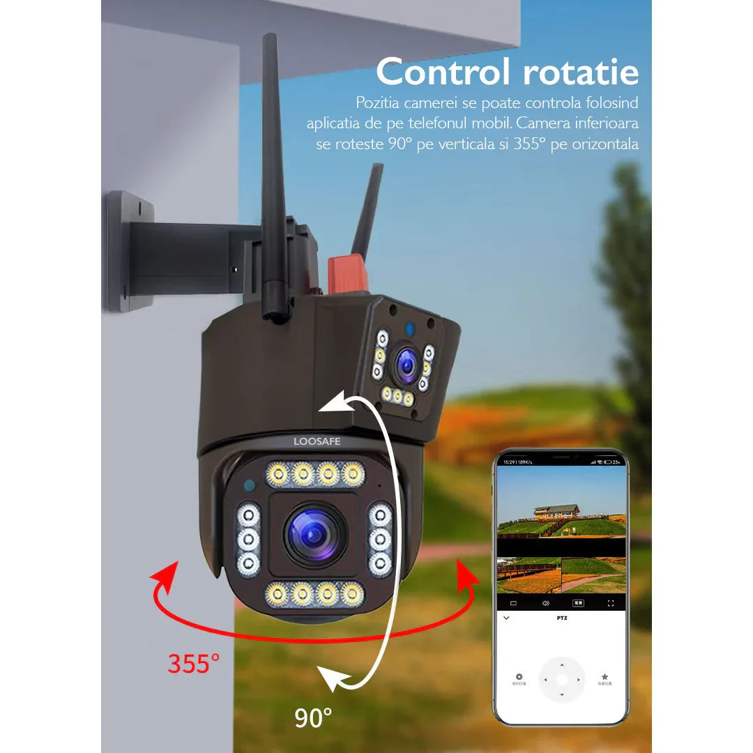 Solar-Powered Surveillance Camera - Dual Ultra HD Lenses - 4G SIM Card or Wireless (WIFI), 360° Rotation via App