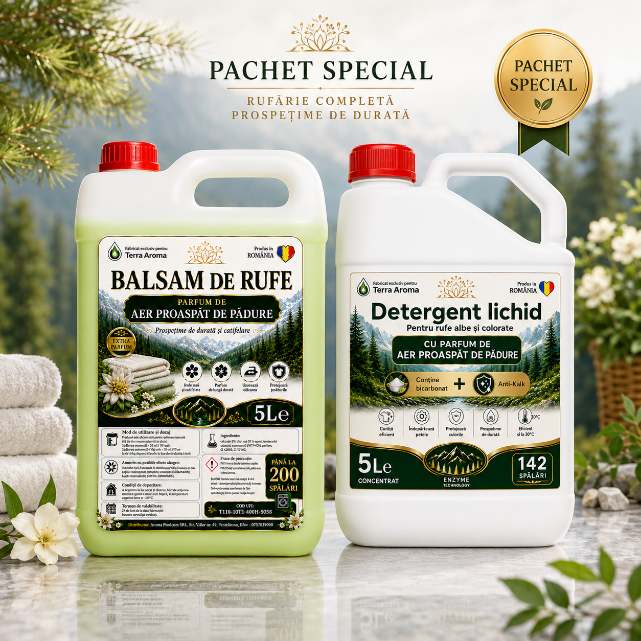 Pachetul Familiei Terra Aroma AER PROASPAT DE PADURE – Detergent Lichid + Balsam de Rufe, 5L + 5L Glorio