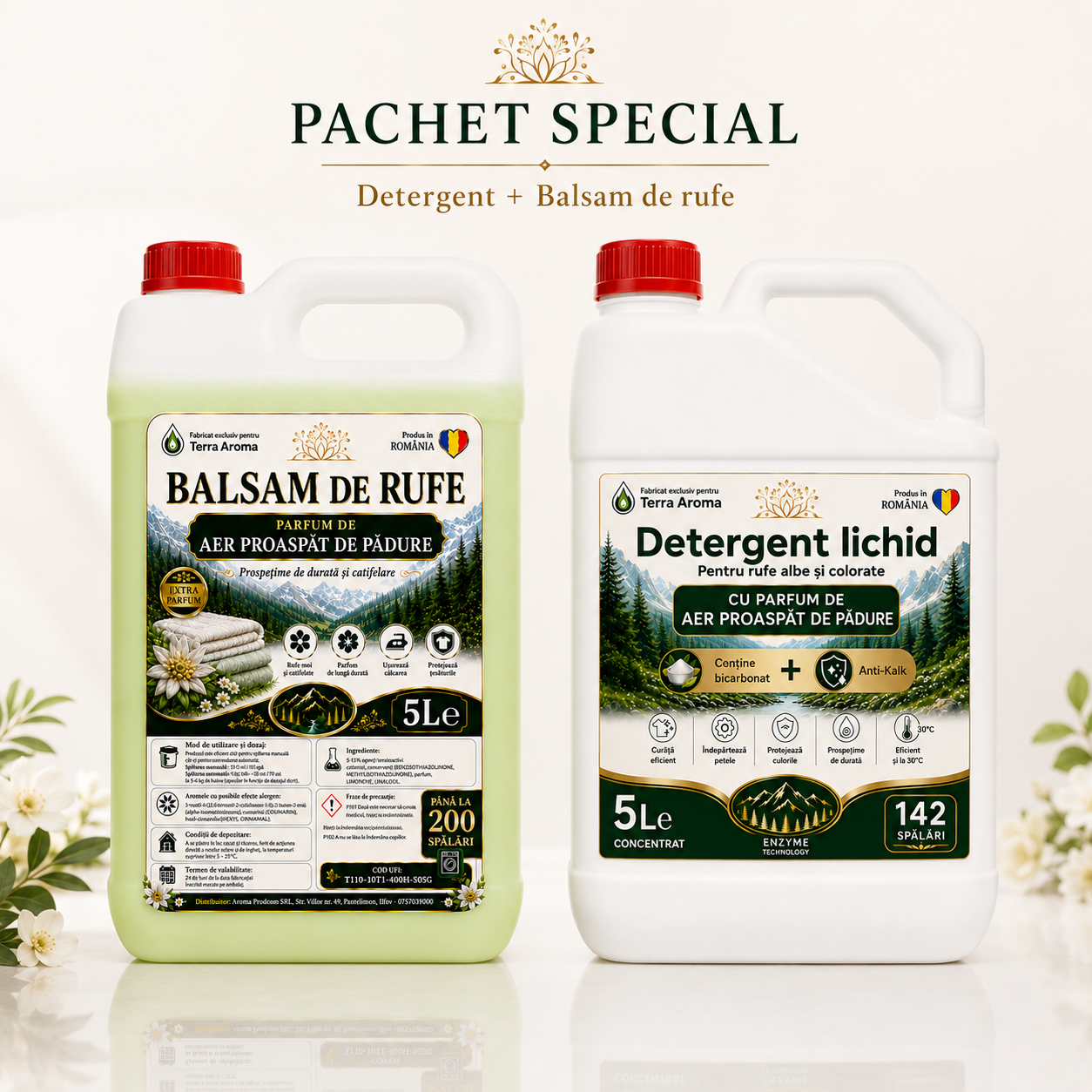 Pachetul Familiei Terra Aroma AER PROASPAT DE PADURE – Detergent Lichid + Balsam de Rufe, 5L + 5L Glorio