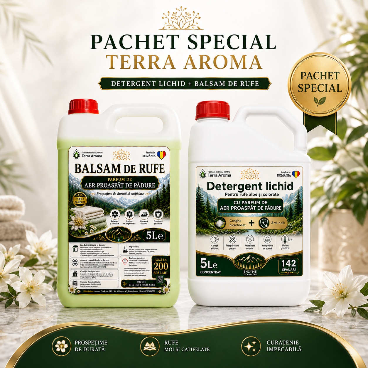 Pachetul Familiei Terra Aroma AER PROASPAT DE PADURE – Detergent Lichid + Balsam de Rufe, 5L + 5L Glorio