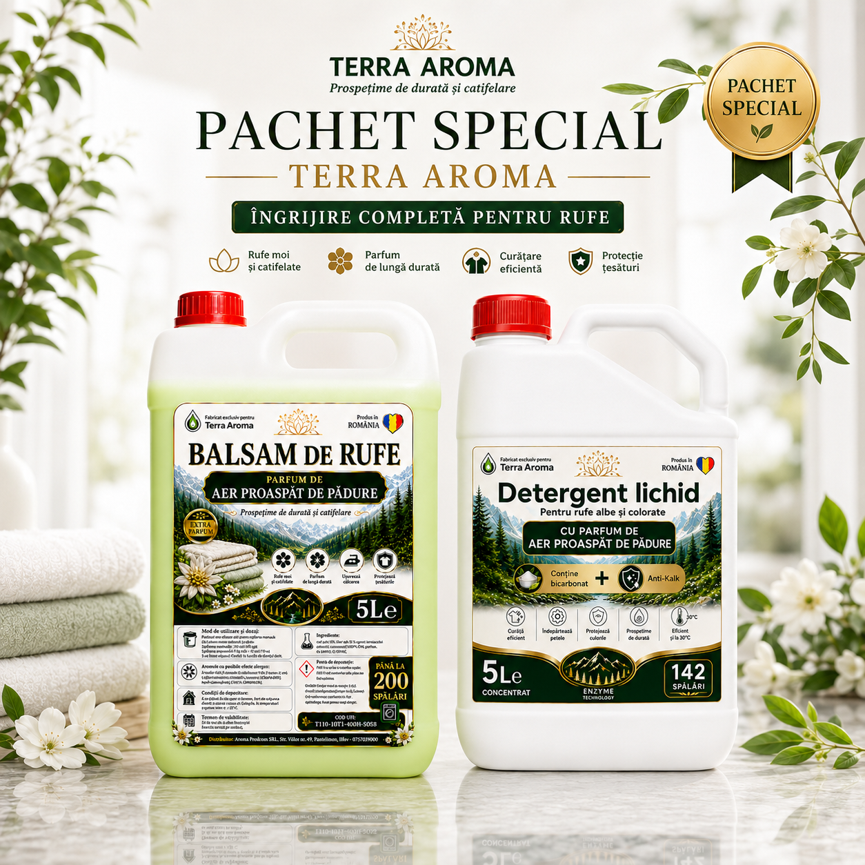 Pachetul Familiei Terra Aroma AER PROASPAT DE PADURE – Detergent Lichid + Balsam de Rufe, 5L + 5L Glorio