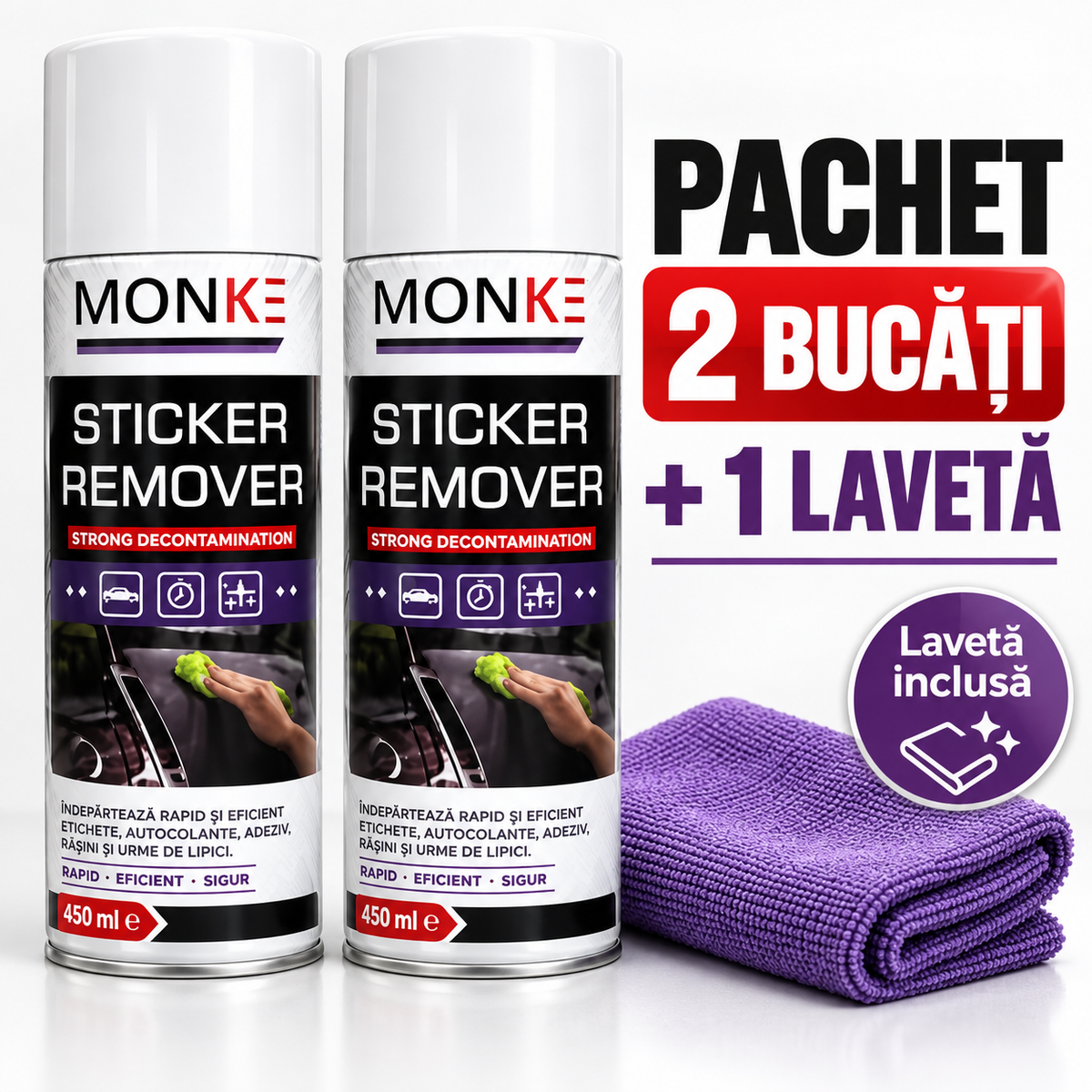 Etichetele se duc, urmele de lipici dispar! 2 spray-uri MONKE + lavetă inclusă Glorio